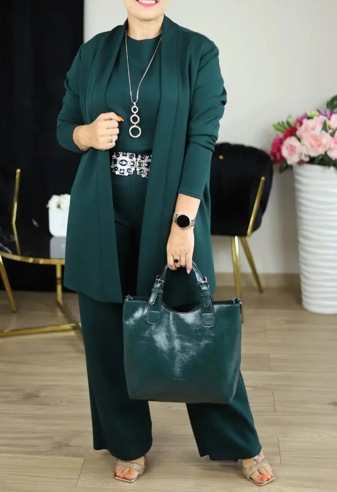 Pant Set Women Three Piece Sets Round Neck Full Sleeve Tops Mid Length Coats Wide Leg Long Pants High Waist Y2k Work 2025