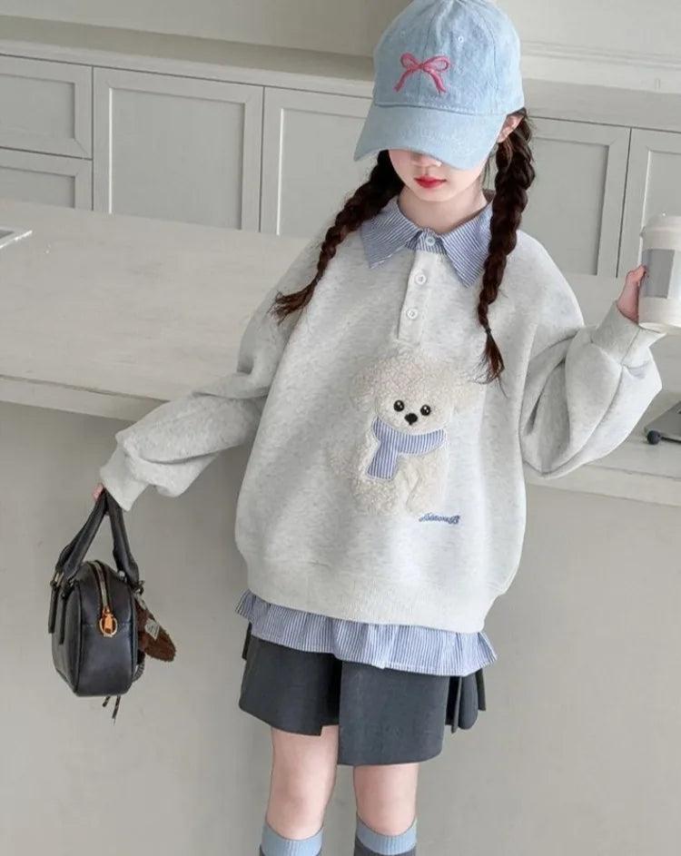 Sweatshirt Girls' 2025 New Faux Two-Piece Polo Hoodie Spring/Autumn Kids Medium-Large Loose Fit Cartoon Puppy Top
