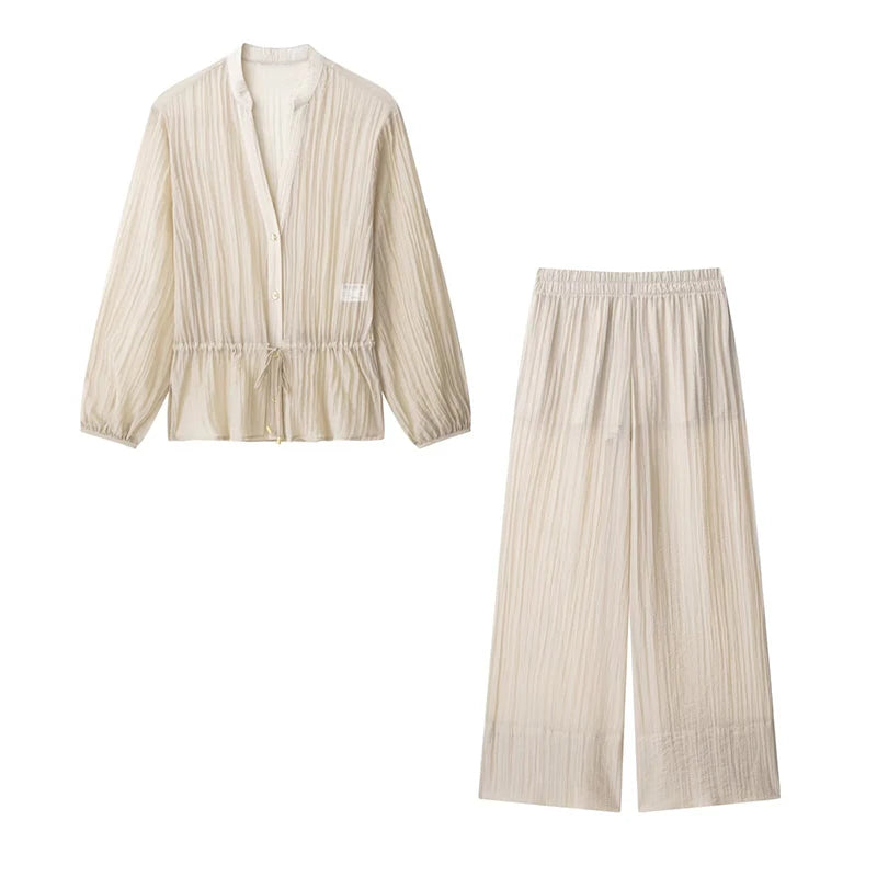 pant Set  perspectivei  Women's Two Piece long Sleeve Front Peplum Top long pants Summer Elegant Casual female vacation Outfit