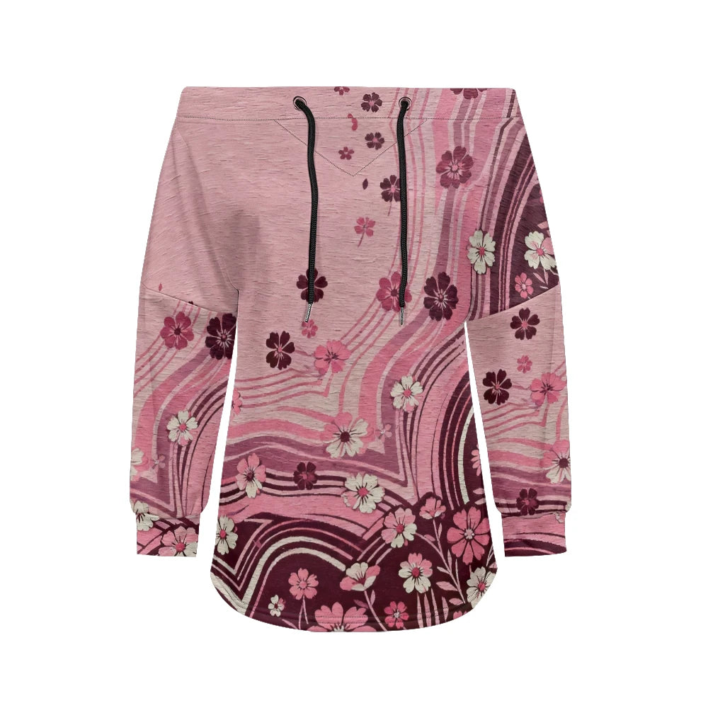 Trending Off Shoulder Sweatshirt with Multicolor Plaid & Floral Print Adjustable Drawstring Neck Casual Streetwear Top for Women