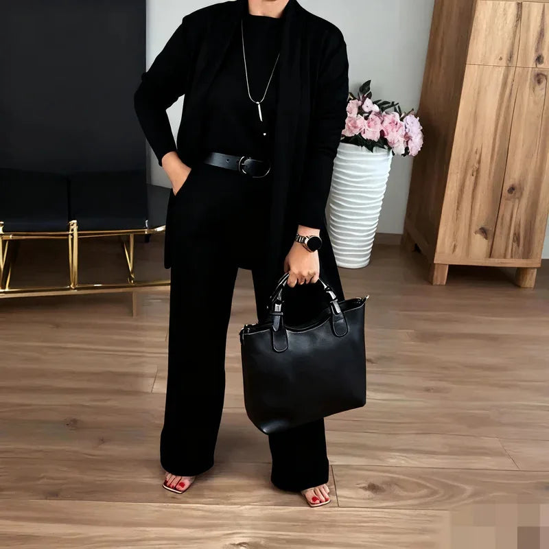 Pant Set Women Three Piece Sets Round Neck Full Sleeve Tops Mid Length Coats Wide Leg Long Pants High Waist Y2k Work 2025
