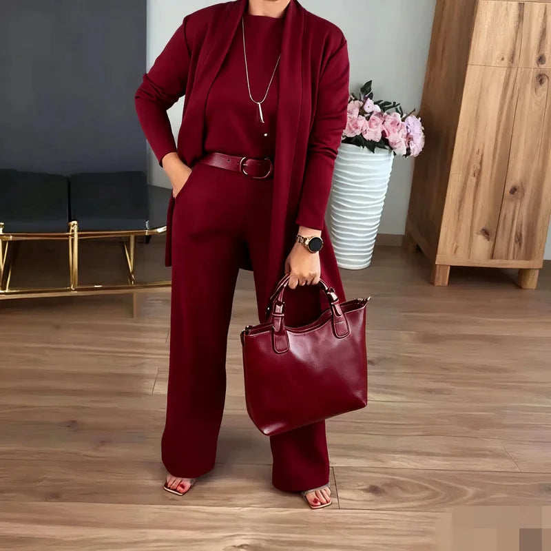 Pant Set Women Three Piece Sets Round Neck Full Sleeve Tops Mid Length Coats Wide Leg Long Pants High Waist Y2k Work 2025