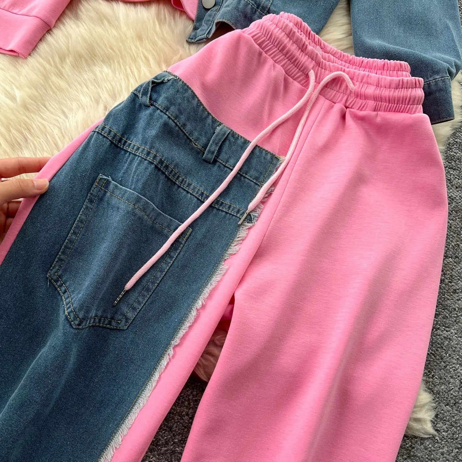 Pant Set Women Two Piece Sets Hooded Matching Sets Casual Loose Tops Wide Leg Long Pants Elastic Waist Lace Up Splice Denim 2025