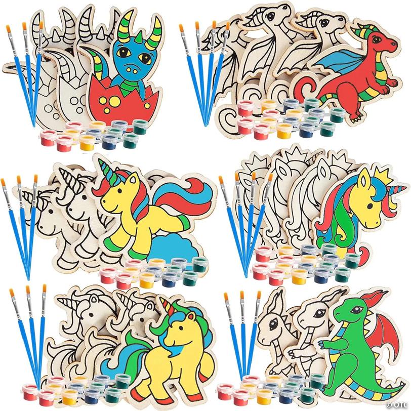 SCS Direct Kids Party Wood Painting Craft Kits (20ct) -Unicorns and Dragons- Includes Brush, Paint, & Figure- FunActivity, Favors or Classroom School Projects