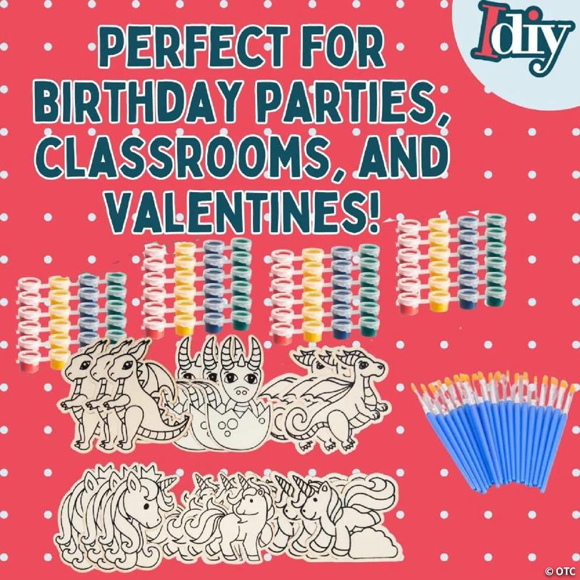 SCS Direct Kids Party Wood Painting Craft Kits (20ct) -Unicorns and Dragons- Includes Brush, Paint, & Figure- FunActivity, Favors or Classroom School Projects