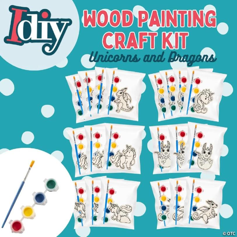 SCS Direct Kids Party Wood Painting Craft Kits (20ct) -Unicorns and Dragons- Includes Brush, Paint, & Figure- FunActivity, Favors or Classroom School Projects