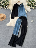 Pant Set Women Two Piece Sets Hooded Matching Sets Casual Loose Tops Wide Leg Long Pants Elastic Waist Lace Up Splice Denim 2025