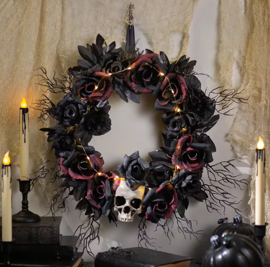 23 1/2" Light-Up Dead Roses & Skull Halloween Wreath Decoration
