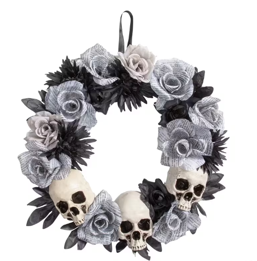 White Roses Wreath with Skulls Halloween Decoration 17 1/2" x 17 1/2"
