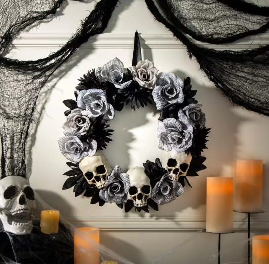White Roses Wreath with Skulls Halloween Decoration 17 1/2" x 17 1/2"