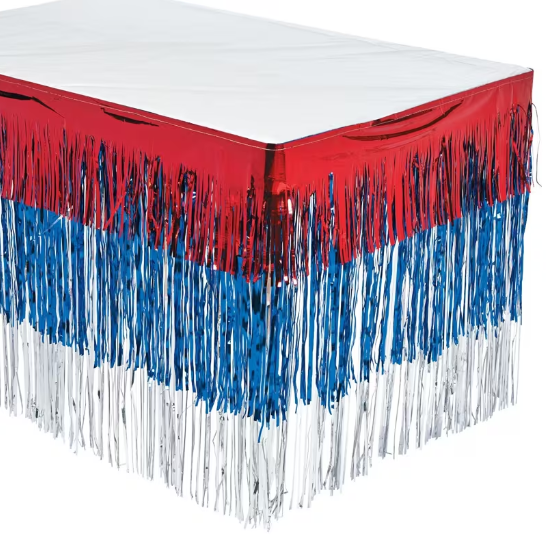 Tiered Patriotic Metallic Fringe Plastic Table Skirt 9 ft. x 29"
