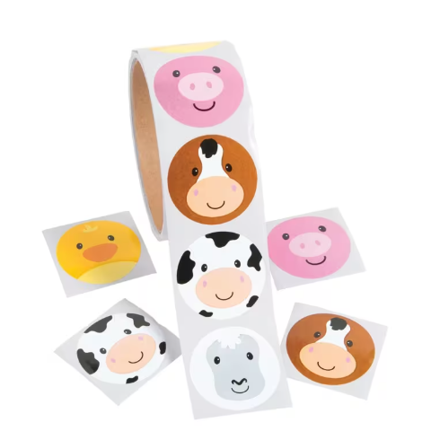 1 1/2" Farm Animal Face Multicolor Paper Sticker Roll - 100 Pc.