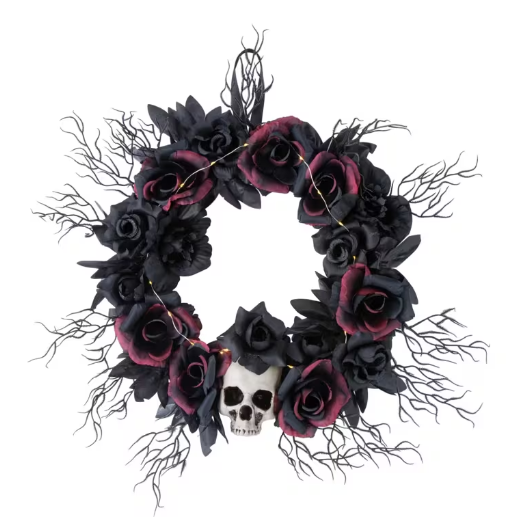 23 1/2" Light-Up Dead Roses & Skull Halloween Wreath Decoration