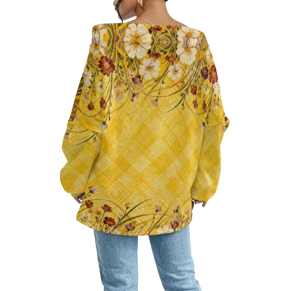 Trending Off Shoulder Sweatshirt with Multicolor Plaid & Floral Print Adjustable Drawstring Neck Casual Streetwear Top for Women
