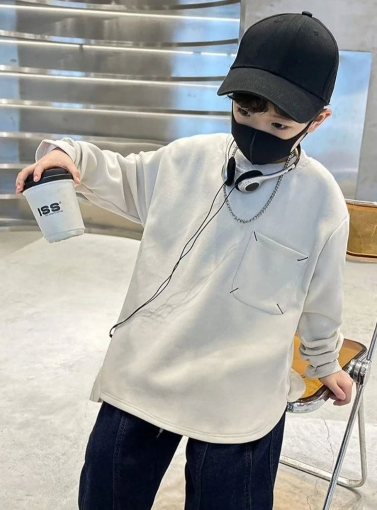 Sweatshirt Boys' Long Sleeve T-Shirt Spring 2025 New Solid Color Simple Stylish Casual Big Kids Top for 6-8 Years Old