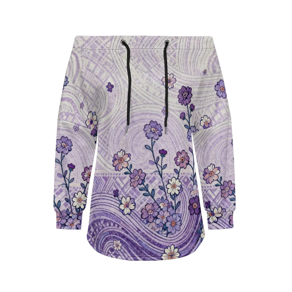Trending Off Shoulder Sweatshirt with Multicolor Plaid & Floral Print Adjustable Drawstring Neck Casual Streetwear Top for Women