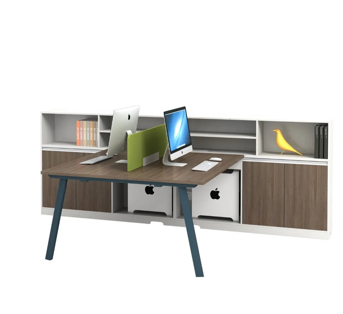 Modern 2-Person Co-Working Workspace Desk Staff Computer Work Desk with File Cabinet Modular Wooden Furniture