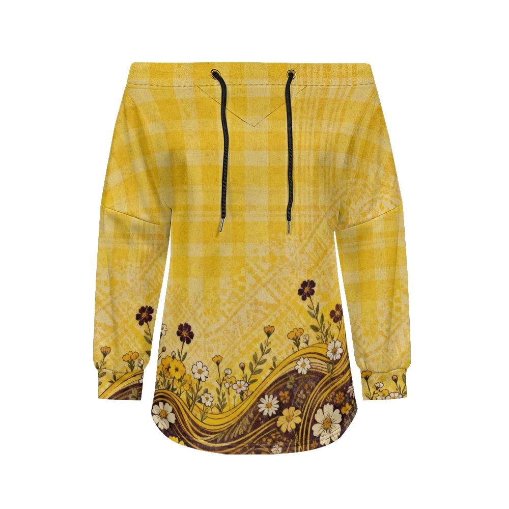 Trending Off Shoulder Sweatshirt with Multicolor Plaid & Floral Print Adjustable Drawstring Neck Casual Streetwear Top for Women