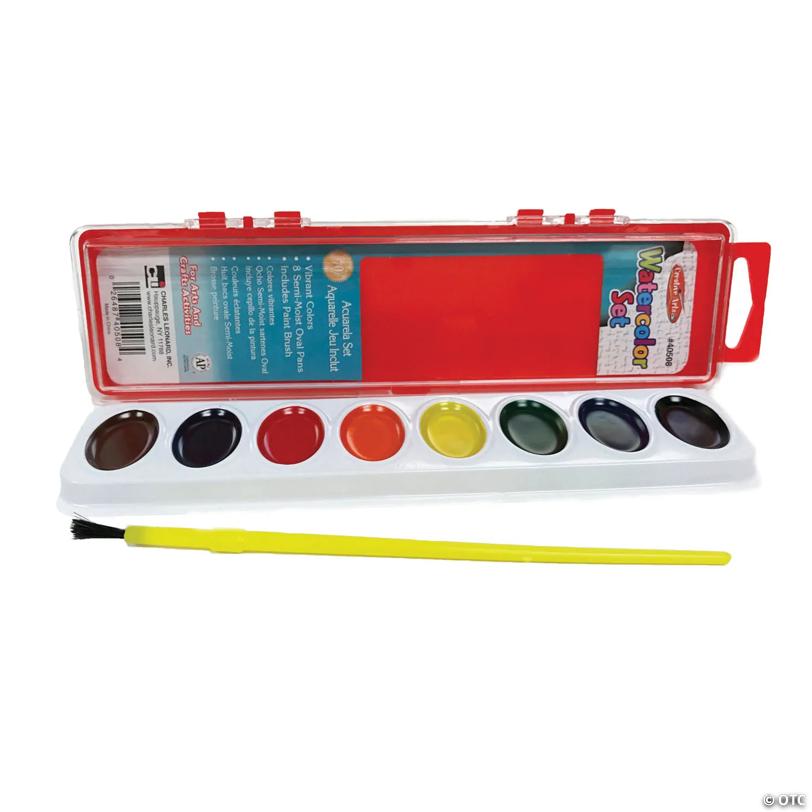 Semi-Moist Watercolor Paint Set, Oval Pan with Brush, 8 Assorted Colors, 12 Sets