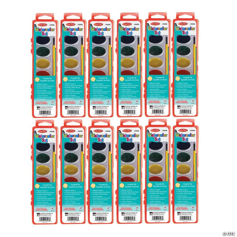 Semi-Moist Watercolor Paint Set, Oval Pan with Brush, 8 Assorted Colors, 12 Sets