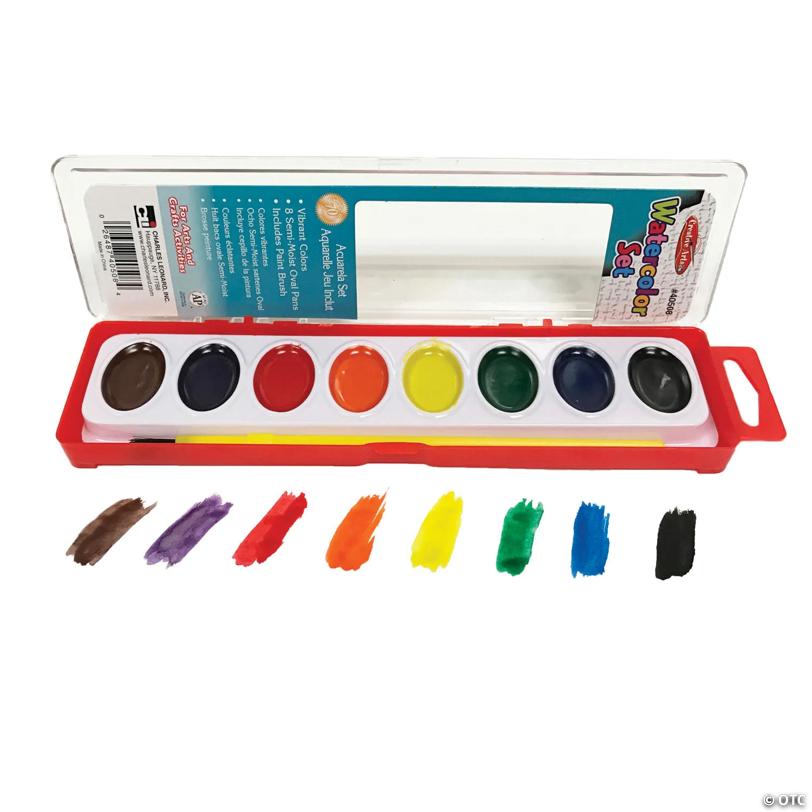 Semi-Moist Watercolor Paint Set, Oval Pan with Brush, 8 Assorted Colors, 12 Sets