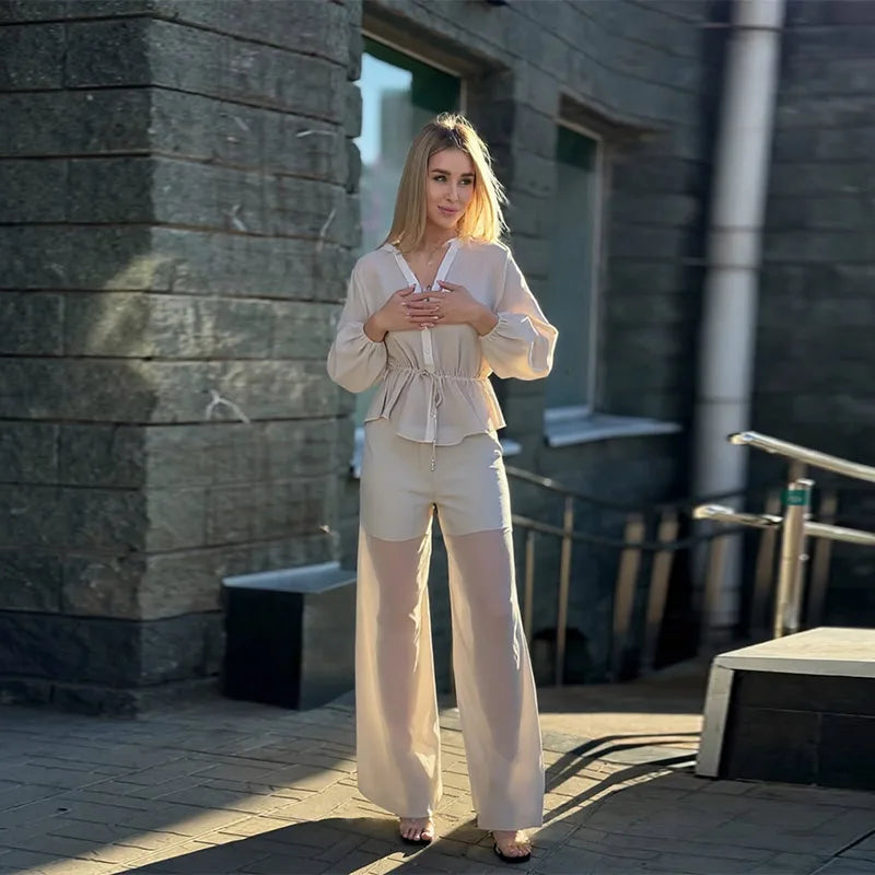 pant Set  perspectivei  Women's Two Piece long Sleeve Front Peplum Top long pants Summer Elegant Casual female vacation Outfit